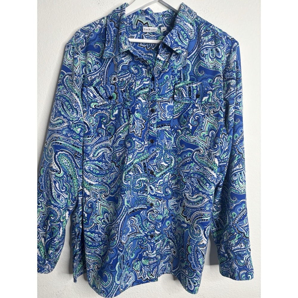 Kim Rogers Women's 3X Blue/Green Paisley Plus Size Button Down Blouse Top Shirt